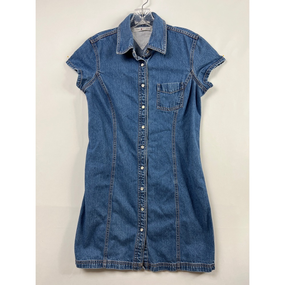 Tommy Hilfiger Denim Shirt Dress Womens M Blue Shift Short Sleeve Button Front
